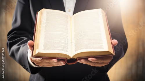 Mature priest holds open Holy Bible offering to read scripture in wooden church closeup photo