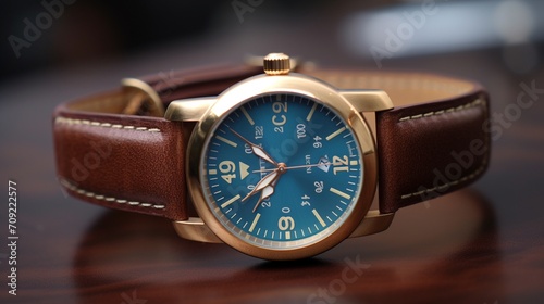 luxury fashion watch with blue dial and brown leather.Generative AI