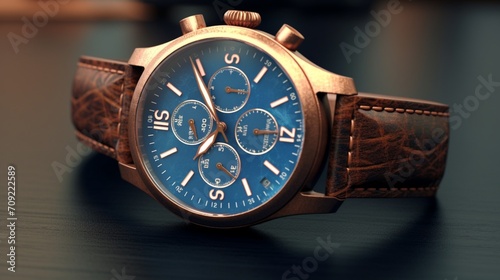 luxury fashion watch with blue dial and brown leather.Generative AI