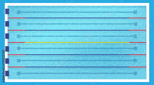 Swimming pool. Blue water lane for competition. Top view. Summer sport or fitness. Blue line and graphic splashes. Aquatic athletic exercises. Swimmers championship. Vector background