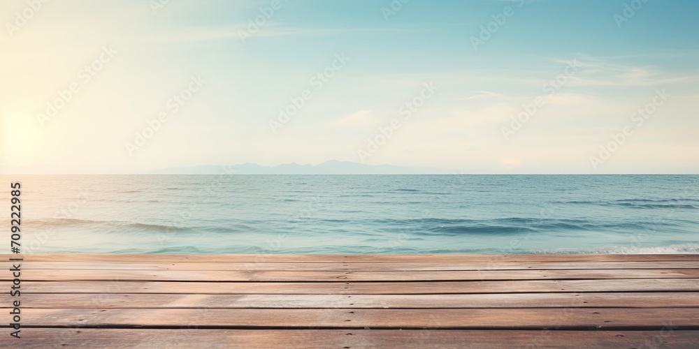 Empty wood table on blurred sea background - Ideal for product display montage. Beach concept in vintage color tone.