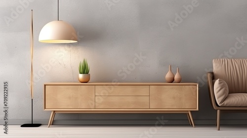A dark gray wooden chest of drawers with a lamp standing on it against the background of a concrete wall. A modern piece of furniture in a rustic style.