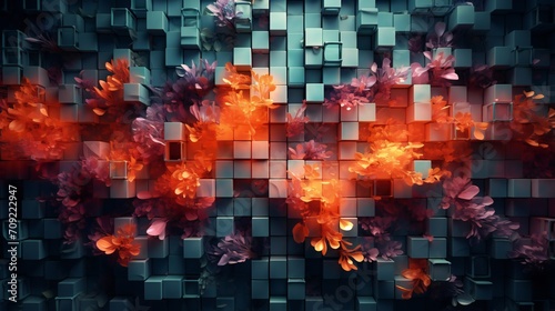 Living Wall of Product Pixels  Dynamic living walls transform into product displays with pixel rearrangements for a futuristic canvas.