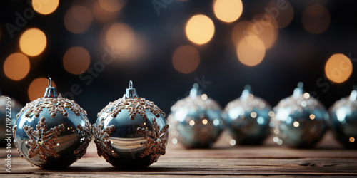Christmas tree decoration gray balls on the old wooden table arrange and nip on the top Christmas ornament set isolated on blur  defocused lights reflect from ball black and gold background.
