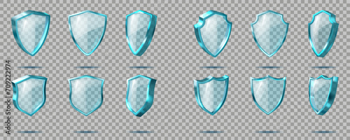 3d shield. Clean protect secure, glass silver isolated heraldic element, blue icon with transparent light different forms and angles view, realistic guard button. Vector isolated design photo