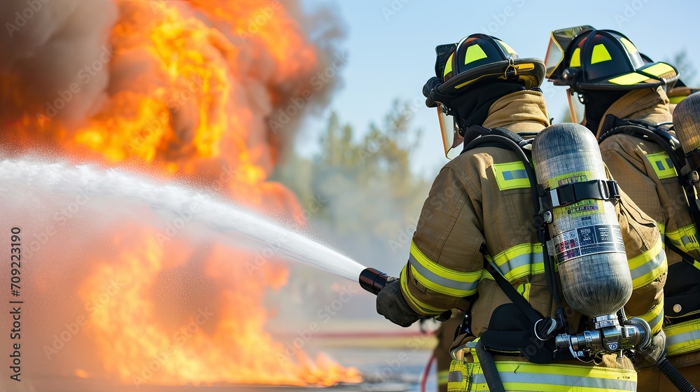 Fototapeta premium Glimpse into the challenging and demanding world of firefighting. Experience the adrenaline rush as firefighters face dangerous situations with skill, courage, and unwavering determination.
