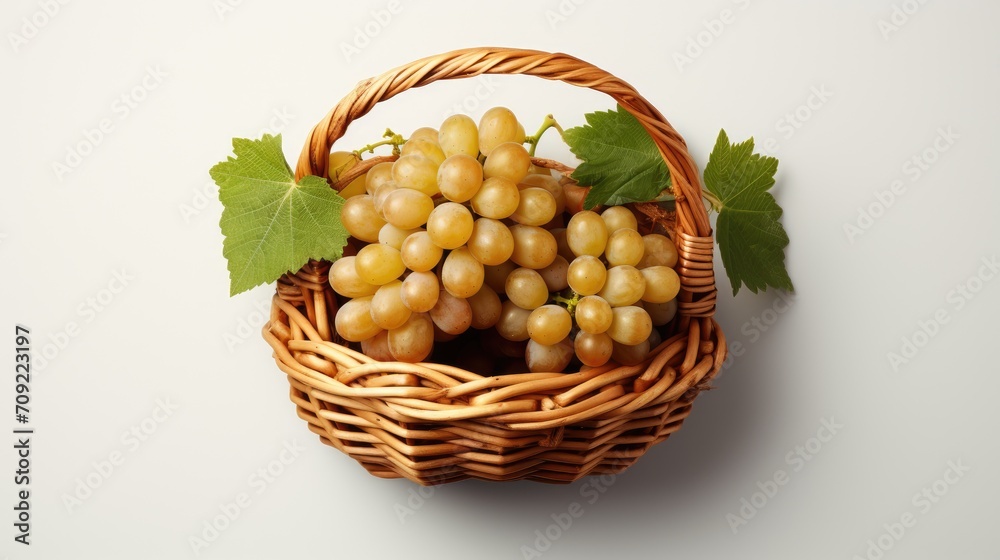 Ripe grapes in a wicker basket isolated. White or green grapes still life. Grape harvest in a basket. White wine. Harvesting grapes for wine or juice. Fruits and berries wallpaper background. Ripe grapes in a wicker basket isolated. White or green grapes still life. Grape harvest in a basket. White wine. Harvesting grapes for wine or juice. Fruits and berries wallpaper background.
