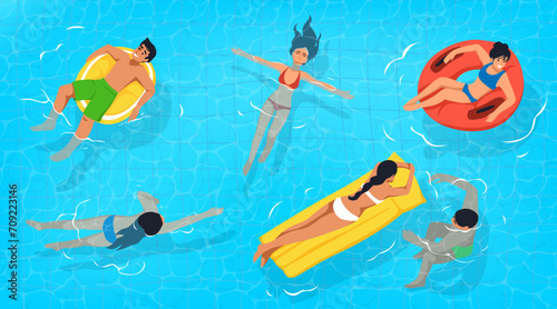 Swimming pool. Summer beach. People relaxing in water. Woman in bikini. Man sunbathing on inflatable mattress. Top view. Summertime fun. Sea resort. Holiday party. Vector flat design