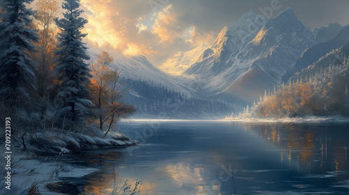 AI generated illustration of a winter landscape with snow-covered mountains, and a peaceful lake