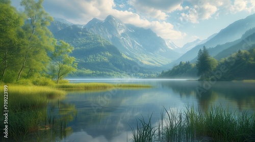 AI generated illustration of a picturesque small lake glistening under the warm sunlight