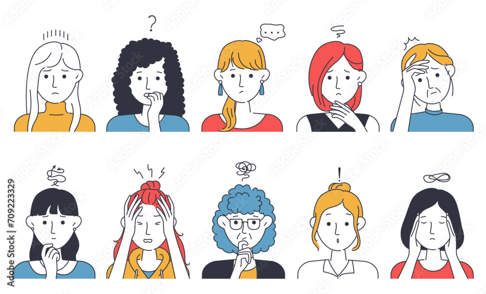 Anxiety woman. Female face. Trouble person icons. Stress and dissatisfaction. Cute teacher in simple glasses. Thoughtful sad girl. Unhappy emotion expressions. Vector illustrations set Anxiety woman. Female face. Trouble person icons. Stress and dissatisfaction. Cute teacher in simple glasses. Thoughtful sad girl. Unhappy emotion expressions. Vector illustrations set