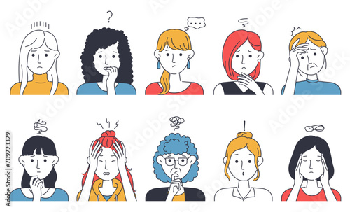 Anxiety woman. Female face. Trouble person icons. Stress and dissatisfaction. Cute teacher in simple glasses. Thoughtful sad girl. Unhappy emotion expressions. Vector illustrations set