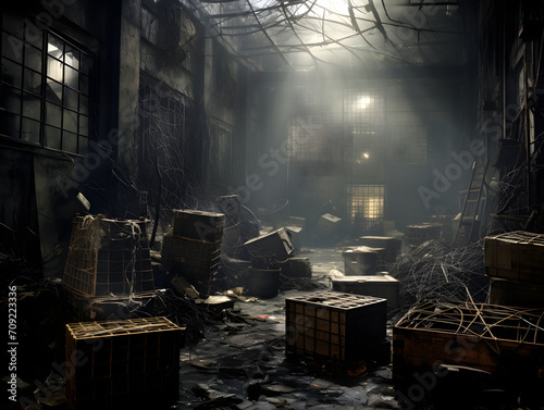 Inside a dilapidated building, a room cluttered with crates and debris evokes a sense of abandonment and decay photo