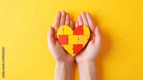 Hands holding jigsaw puzzle heart shape on yellow background, Autism awareness, Autism spectrum disorder family support concept, World Autism Awareness Day, generative ai