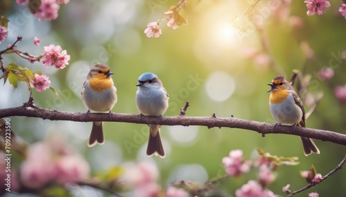 beautiful little birds are sitting next to each other on a branch in a Sunny spring Park