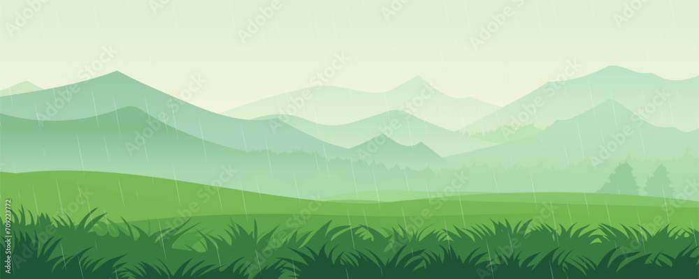 Summer rain against the backdrop of a beautiful landscape of green meadows, fields, grass, mountains and hills. Rainy landscape. Morning dew. Vector illustration for design or print.
