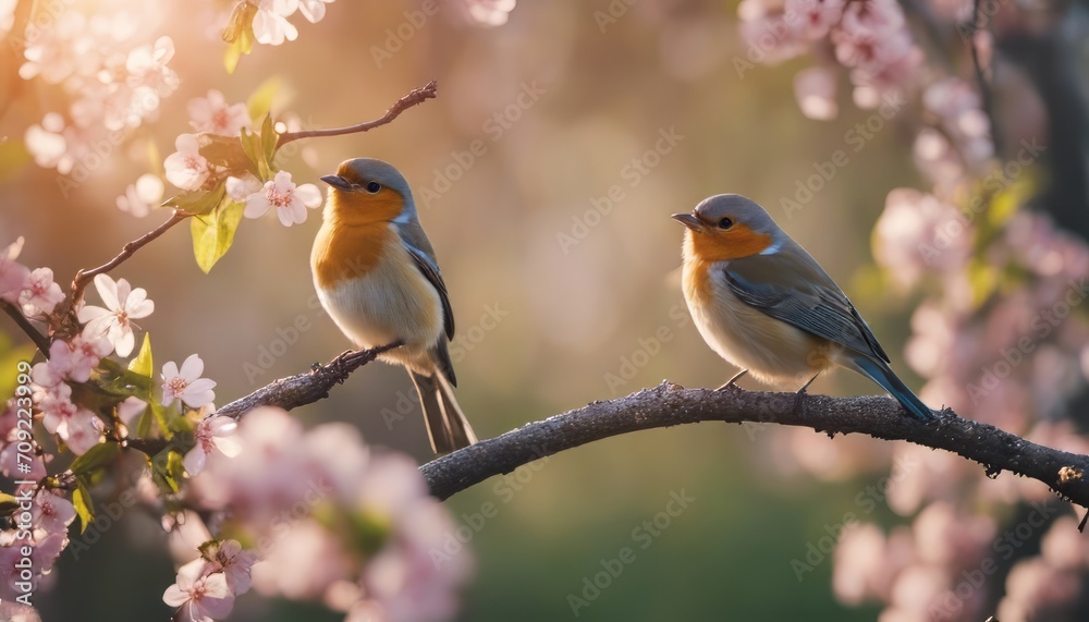 beautiful little birds are sitting next to each other on a branch in a Sunny spring Park beautiful little birds are sitting next to each other on a branch in a Sunny spring Park