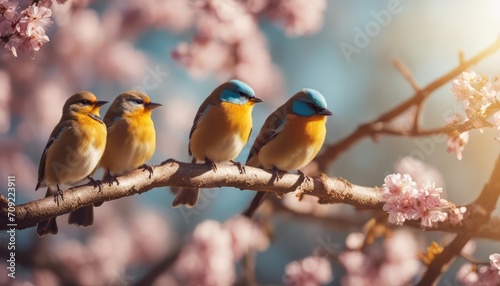beautiful little birds are sitting next to each other on a branch in a Sunny spring Park © Adi