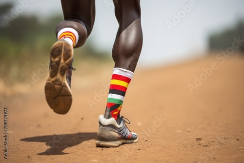 African-American sportsman in sneakers runs along wet dirt track at countryside closeup