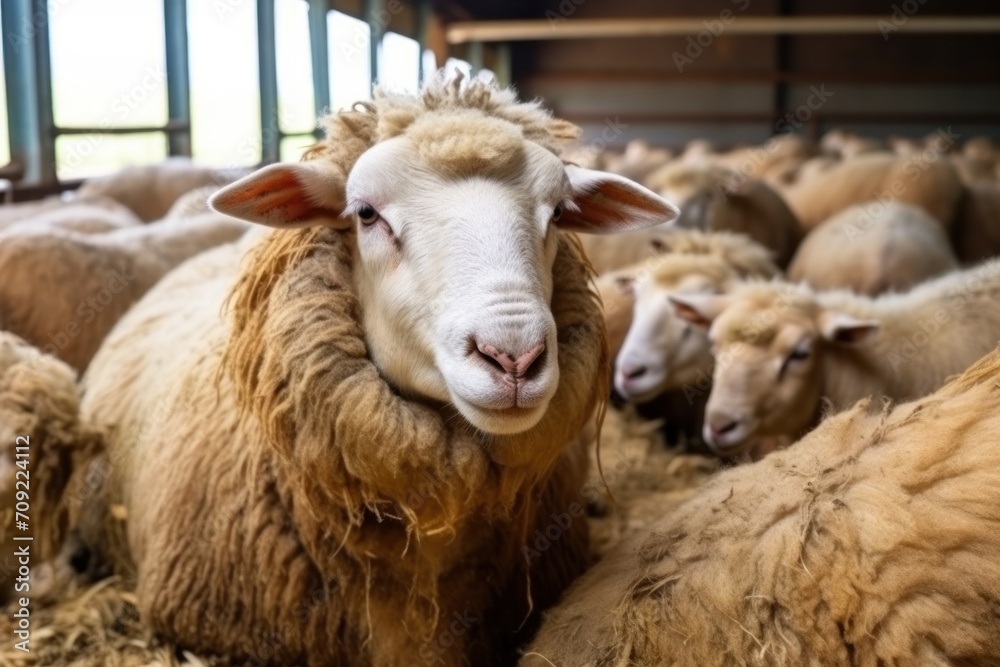 Cute curly haired sheep herd stands in large farm yard on sunny day livestock animals Cute curly haired sheep herd stands in large farm yard on sunny day livestock animals