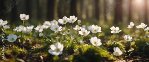 Beautiful white flowers of anemones in spring in a forest close-up in sunlight in nature. photo