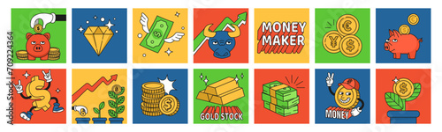 Money stickers. Cartoon finance characters, pig quote, invest coins or dollars in bank, financial collection. Retro characters with smiling faces. Vector illustration, cards design