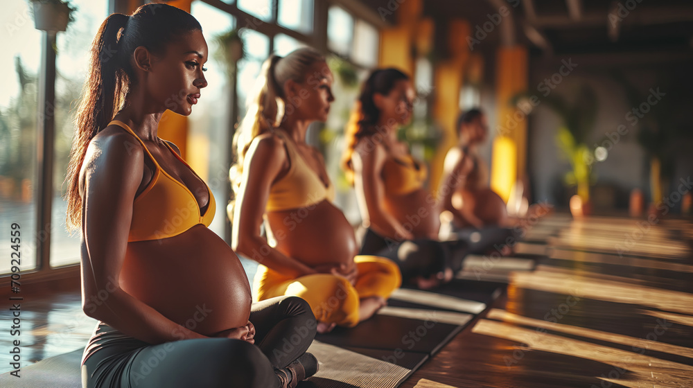 Fitness instructor and interracial pregnant women in the modern gym club - obrazy, fototapety, plakaty 