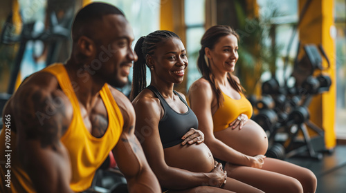 Fitness instructor and interracial pregnant women in the modern gym club