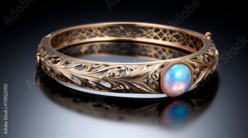 "An ornate bangle, engraved with intricate patterns and embellished with a single, captivating opal centerpiece, catching the eye with its unique charm."