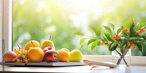 Fruits on desk and window inside home.