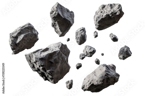 Asteroids swarm of boulders or stone meteorite isolated on transparent png background, flying rock in the space. photo