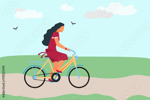 Woman on bike. Cartoon female character riding on bicycle. Girl cycling in summer park. Eco transport. Outdoor exercise. Happy cyclist in nature. Active young person. Vector concept