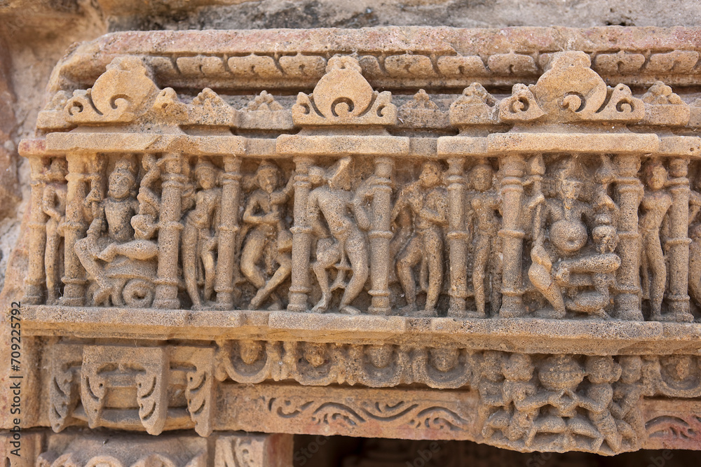 India Modhera Hindu temple on a cloudy winter day