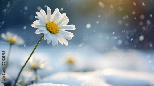 Daisy blooms in the snow. Generative AI.