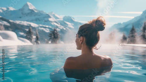 Young woman swims in a pool overlooking the mountains. woman view from the back. relaxation in the spa, relaxation in a luxury hotel in the mountains photo