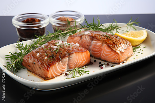 Seared to perfection, a juicy salmon steak boasts tender, flavorful flesh, enhanced by a zesty lemon sauce and fresh herbs