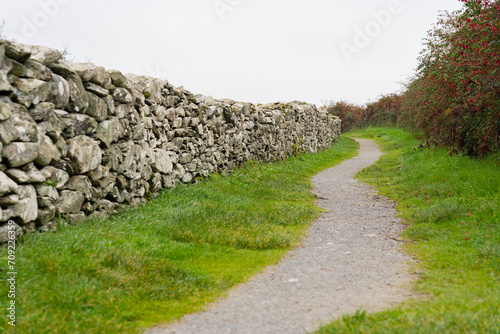 Beautiful winding country path with perfectly maintained stone wall that leads to an archaeological site of cultural and historical interest in the south of Ireland
