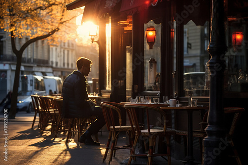 A man sitting outside a cafe in paris drinking coffee and tee on a beautiful evening. Ai generated photo