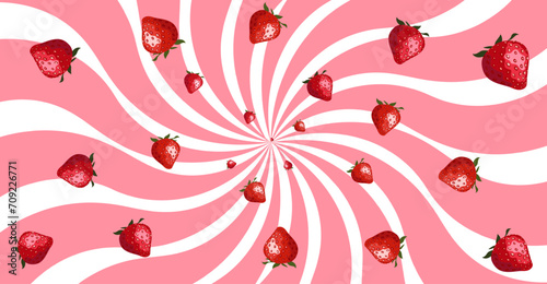 Candy color sunburst background. Pink cream sunbeams  with strawbberies design wallpaper. Colorful spinning lines for template, banner, poster, flyer. Sweet rotating cartoon swirl. Vector backdrop.