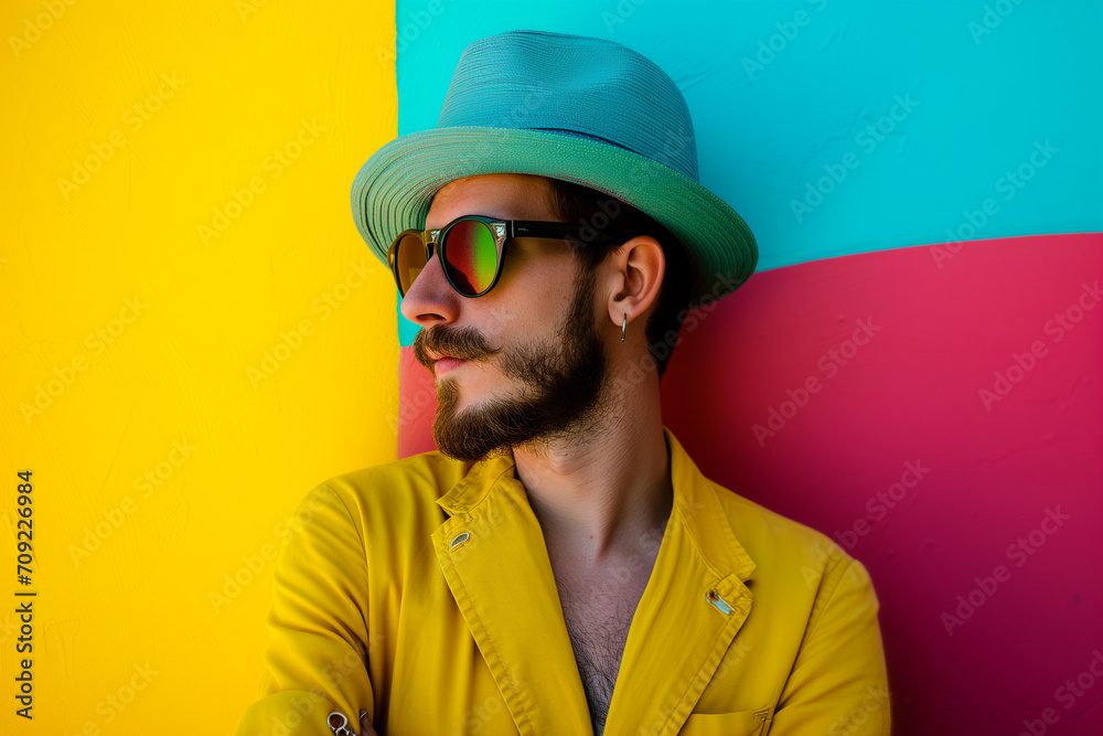 a young man with a beard in glasses and a turquoise hat sits against the background of a bright wall. The guy is wearing a yellow jacket a young man with a beard in glasses and a turquoise hat sits against the background of a bright wall. The guy is wearing a yellow jacket