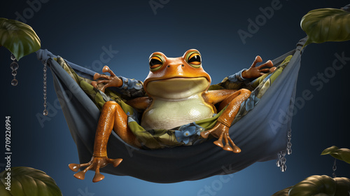 A funny frog is lying comfortably in a hammock on dark-blue background