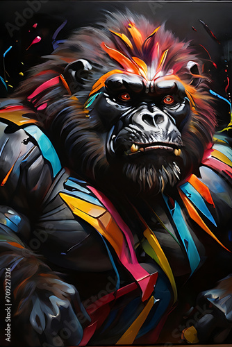 painting of an aggressive gorilla with vibrant colors on dark canvas photo