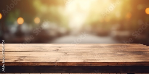 Vintage style concept with empty wooden table for products display, isolated on soft blurry background for copy and branding.