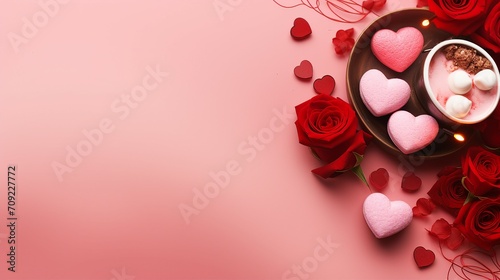Romantic Valentine's Day Concept: Top View of Red Roses Heart-Shaped Candles and Chocolate Candies on an Isolated Pastel Pink Background – Love and Celebration in Every Detail