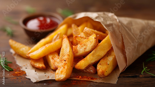 French fries in a paper bag with ketchup on a wooden background. Rustic gourmet banner with space for text.