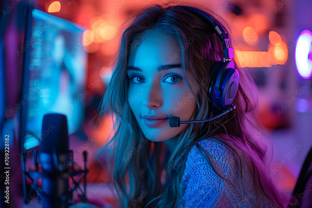 The face of a beautiful girl in headphones near a microphone, girl streaming The face of a beautiful girl in headphones near a microphone, girl streaming