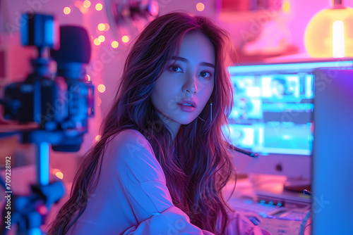 Face of pretty girl, sitting in room in neon style