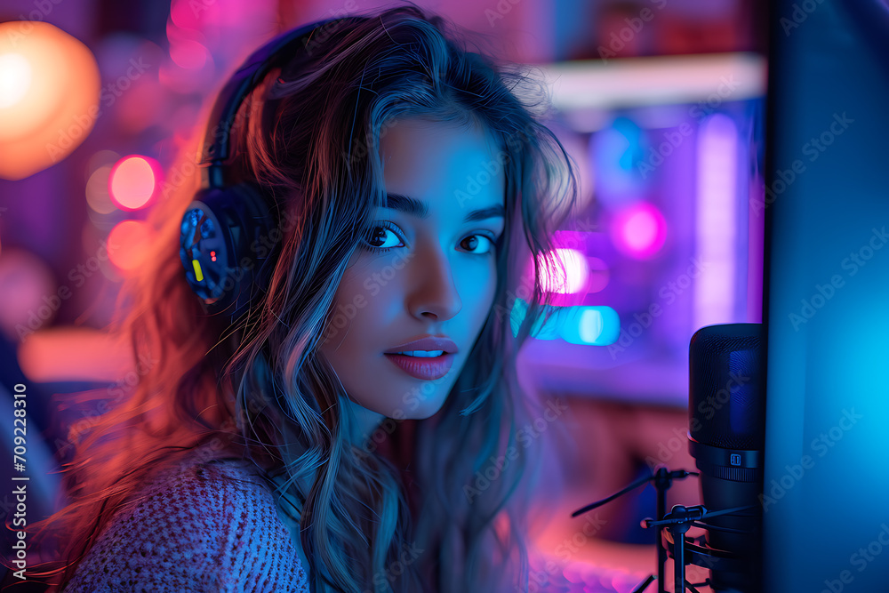 The face of a beautiful girl in headphones near a microphone, girl streaming The face of a beautiful girl in headphones near a microphone, girl streaming