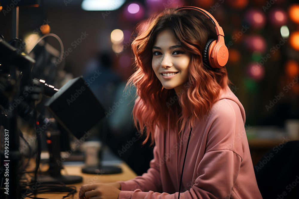The face of a beautiful girl in headphones near a microphone, girl streaming