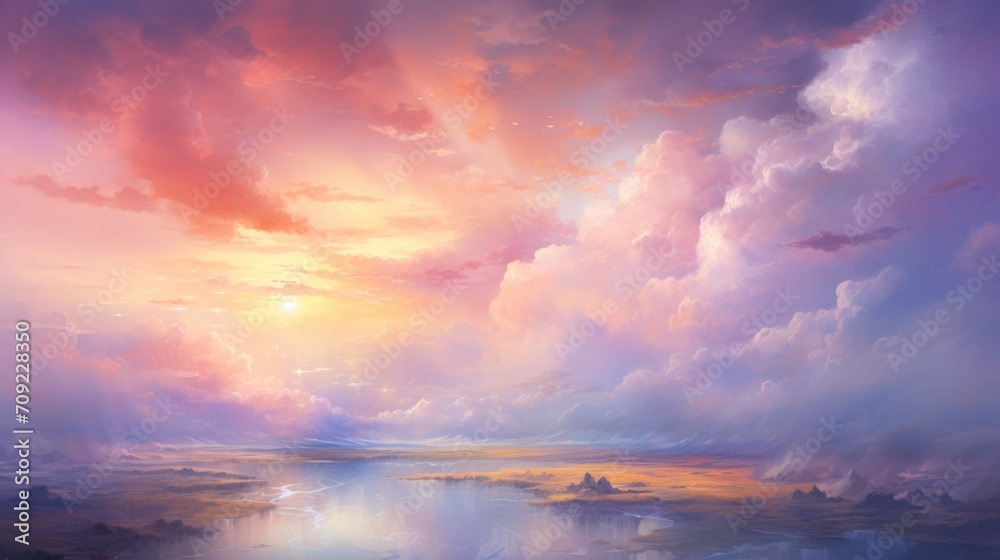 Surreal Cloudscape: Ethereal Clouds Against Soft Pink and Lavender Sky, Broad Strokes, Dream-Like Highlights and Shadows